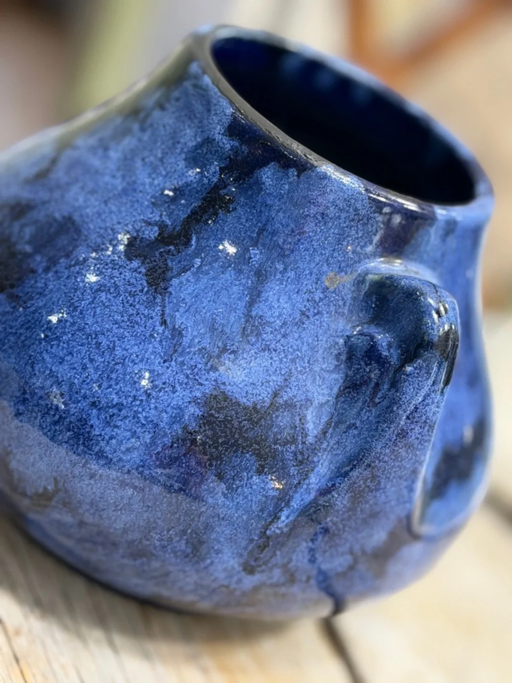 Cobalt Blue Mottled Pottery Vase | Planter. Artisan | Handled | Glazed | Studio